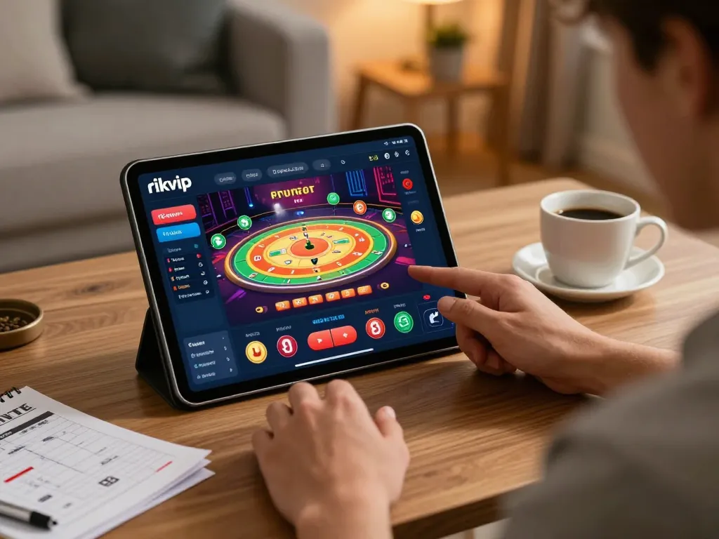 Engaging live casino gameplay on rikvip tablet, showcasing vibrant online gambling interface in a stylish home setting