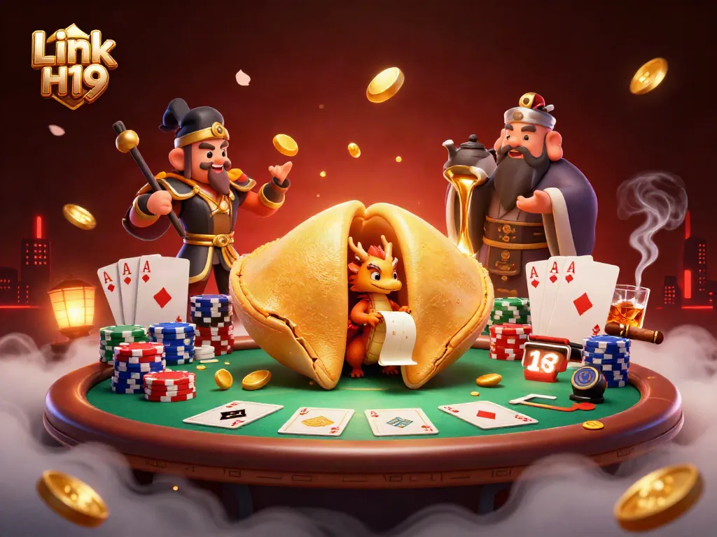 Engage in thrilling gameplay with Link H19 and treasure-filled illustrations of fortune cookies and poker elements.