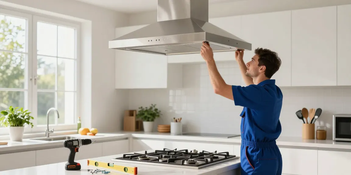 Range Hood Installation by technician in modern kitchen, showcasing precise alignment and professional tools.