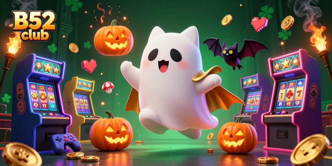 B52 club gaming scene with a friendly ghost cat, vampire bat, and glowing poker jack-o-lanterns.
