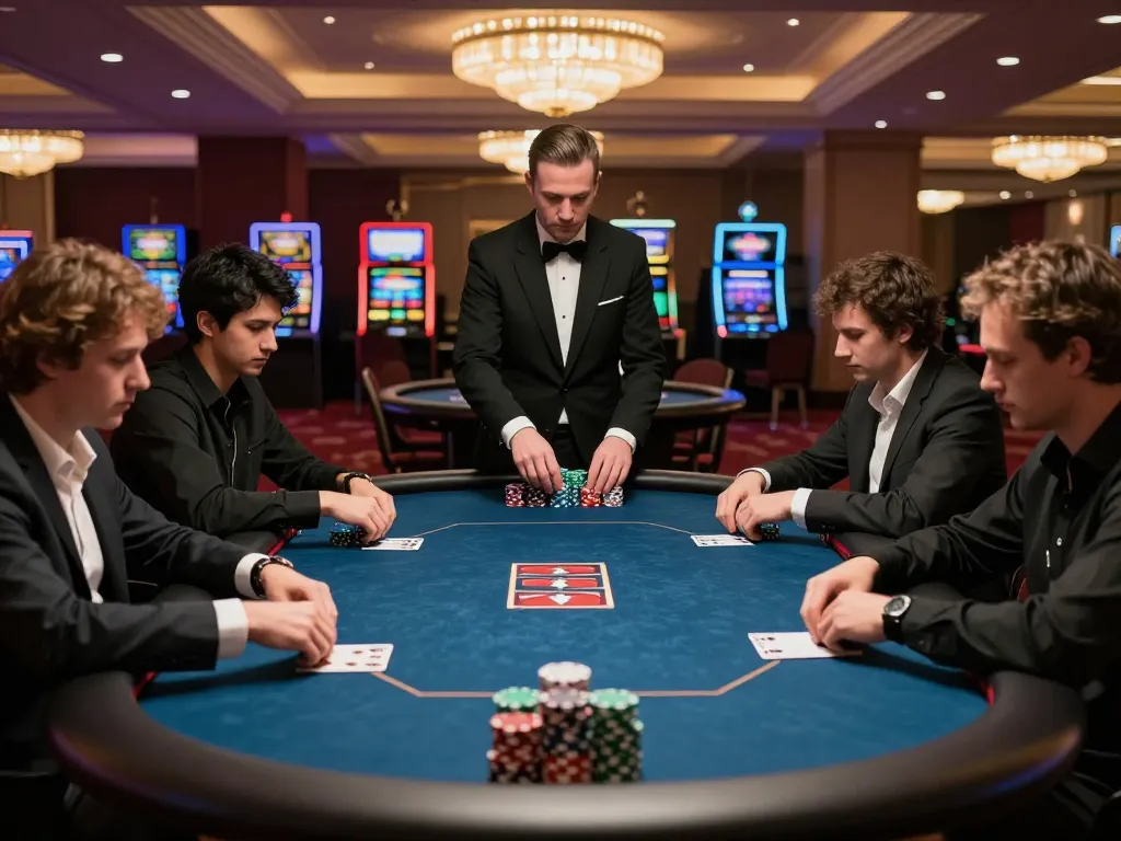 Players strategizing in an intense poker game at 58wiin casino, showcasing high-stakes atmosphere and luxury.