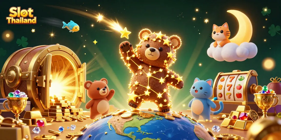 Permainan Slot Thailand menampilkan beruang konstelasi 3D yang mengumpulkan koin dari Bumi, disertai elemen keberuntungan yang kaya.