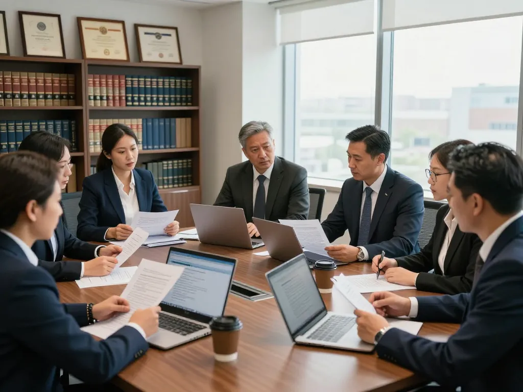 Legal team strategizing on US legal counsel cases in a modern office.