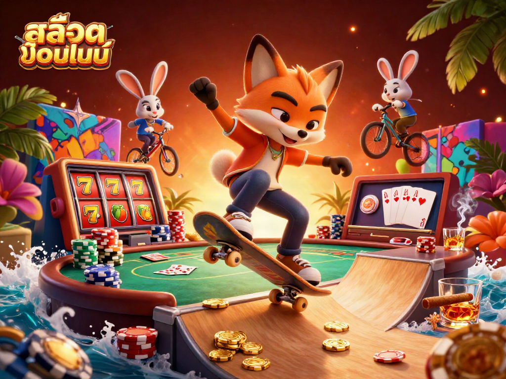 Engaging illustration of a vibrant casino-themed scene with the keyword สล็อตออนไลน์, featuring lively characters and game elements.