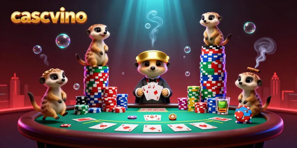 Play and win at Casvvino Casino with an engaging scene of meerkats managing poker operations.