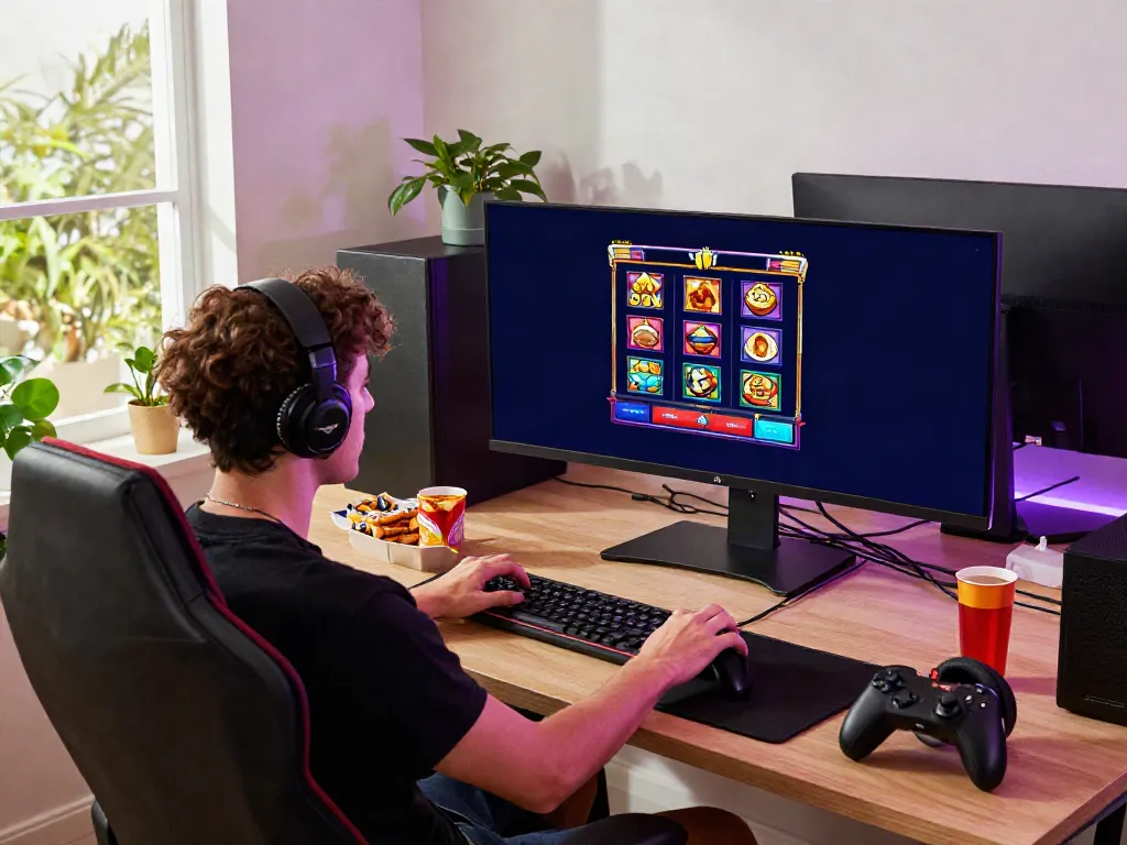 Gamer enjoying an engaging slot game on dual monitors in a vibrant home office setup.
