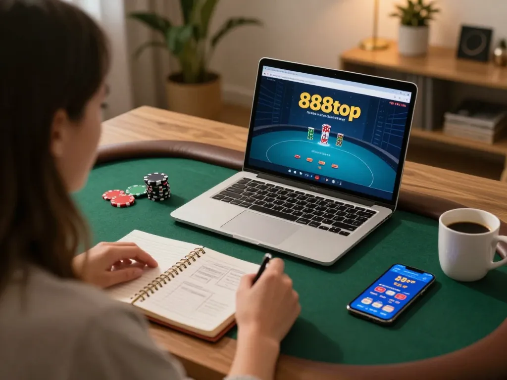 Engaging poker game session via 888top on stylish laptop in cozy home setting
