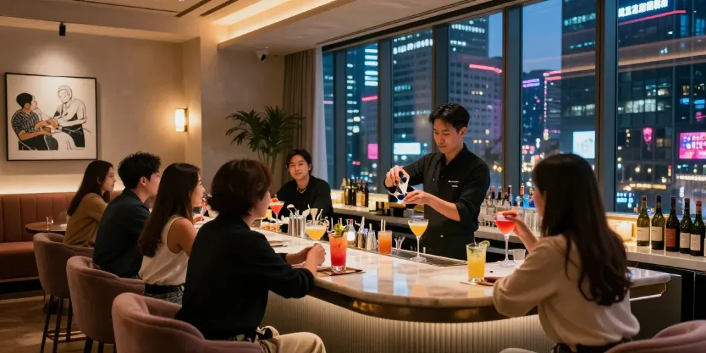 강남 타이밍의 모던한 라운지 바 내부 풍경, 고객들이 음료를 즐기며 대화하는 모습