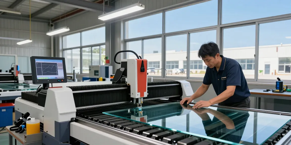 CNC glass cutting machine in action at a modern glass workshop, showcasing precision and efficiency in glass processing.