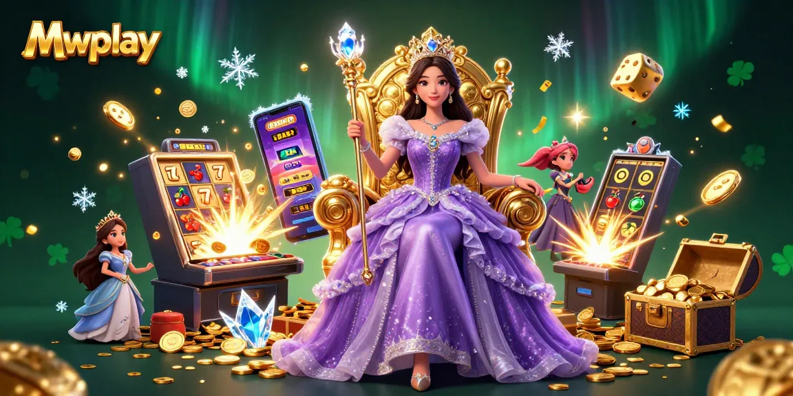 Mwplay welcomes players with a stunning casino scene featuring a beautiful Asian woman in a regal gown, jackpot slot machines, and dynamic gaming elements.