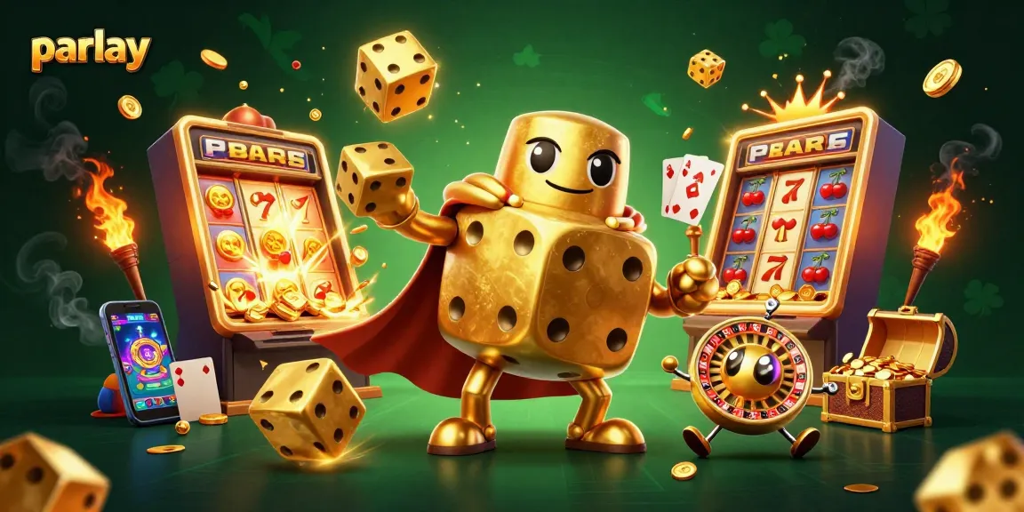 Bet on parlay with a colorful 3D casino scene featuring golden dice golem and jackpot elements.