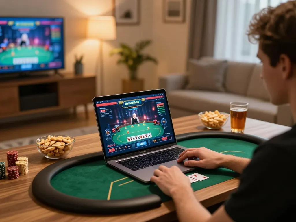 Experience thrilling poker gameplay at home with iWin on a cozy laptop setup.