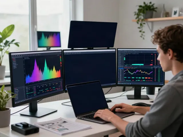 Trader using TradingView on multiple screens in a modern workspace for market analysis.
