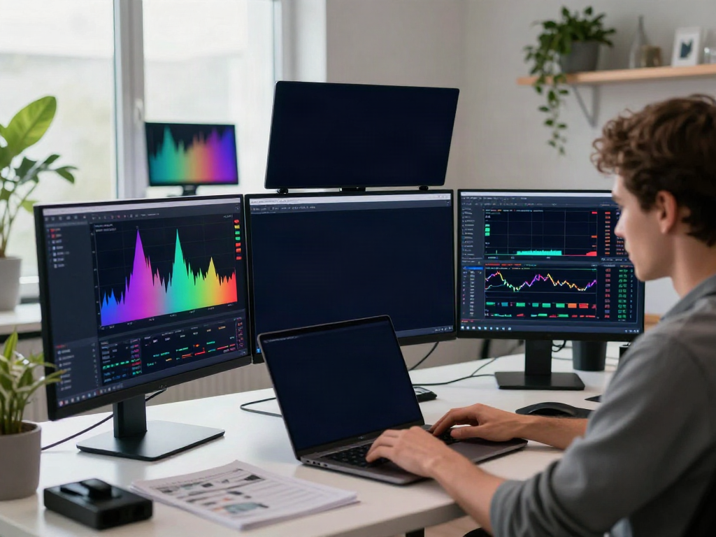 Trader using TradingView on multiple screens in a modern workspace for market analysis.