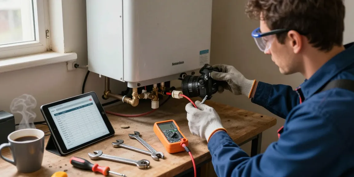 Northampton boiler repair service showcasing a technician inspecting a boiler in a cozy basement.