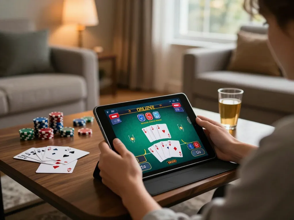 Engaging in online poker gaming on DH88 platform in a cozy home environment.