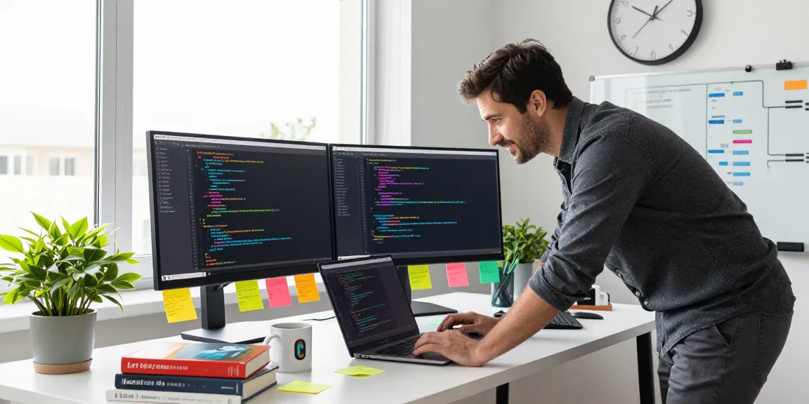 Learn React Hooks and Redux Toolkit in a dynamic coding workspace with dual monitors, coffee, and vibrant project notes.