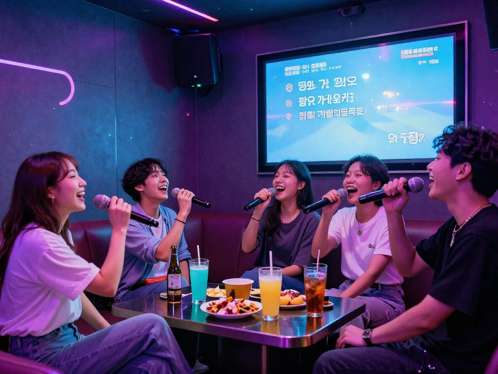 달토 가라오케에서 친구들과 함께 즐겁게 노래하는 모습, 현대적이고 스타일리시한 분위기