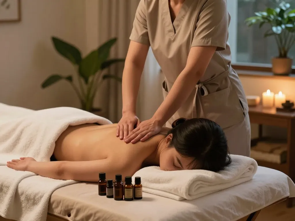 Experience a soothing 출장마사지 in a tranquil home setting with a professional therapist, essential oils, and a calming atmosphere.