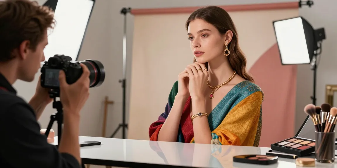 Servizio fotografico professionale in studio MaxArt per moda e gioielli a Milano con modello e attrezzatura fotografica.