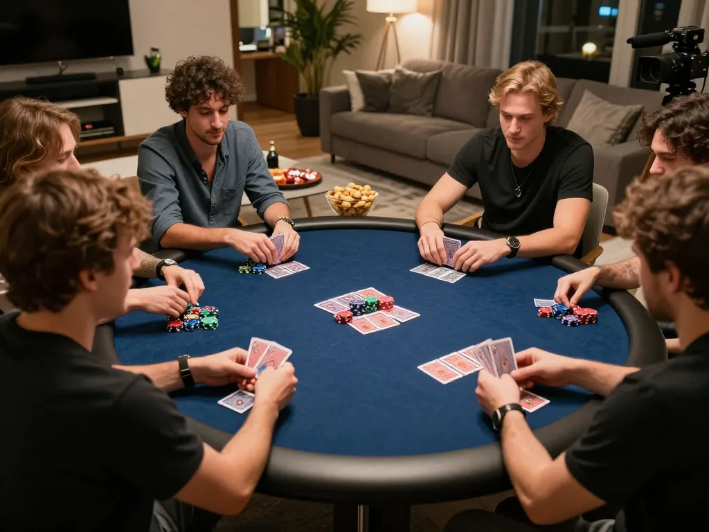 nhà cái 8xbet players engaged in strategic gameplay during home poker night with chips and cards