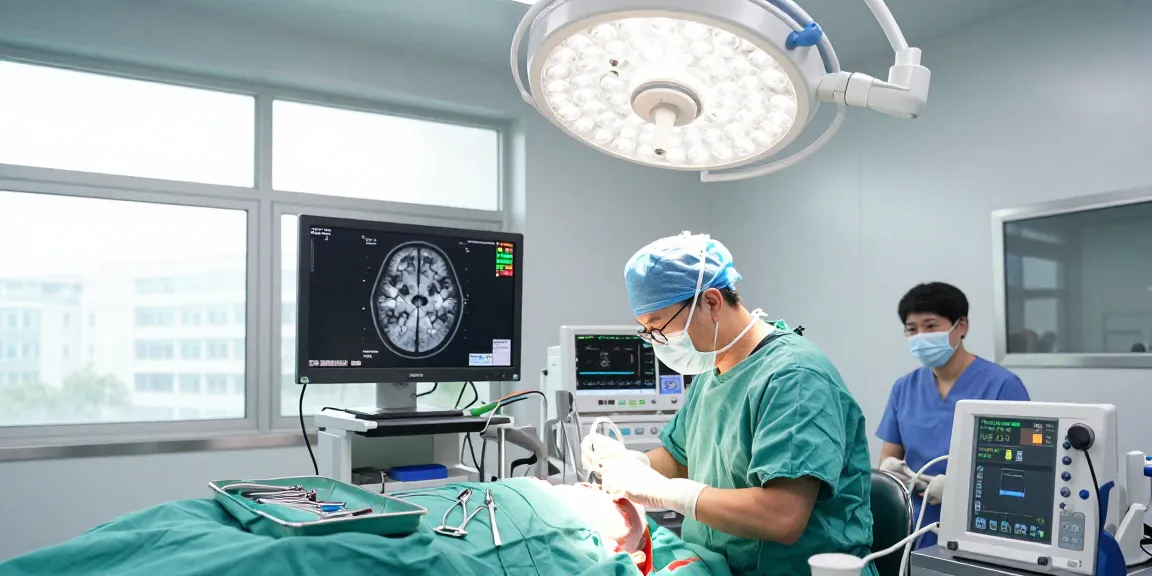 Beyin ameliyatı in a state-of-the-art surgical room with surgeon and advanced imaging technology.