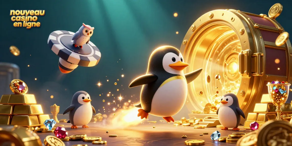 Découvrez le nouveau casino en ligne avec un pingouin doré sur fusée dans un univers riche en joyaux.
