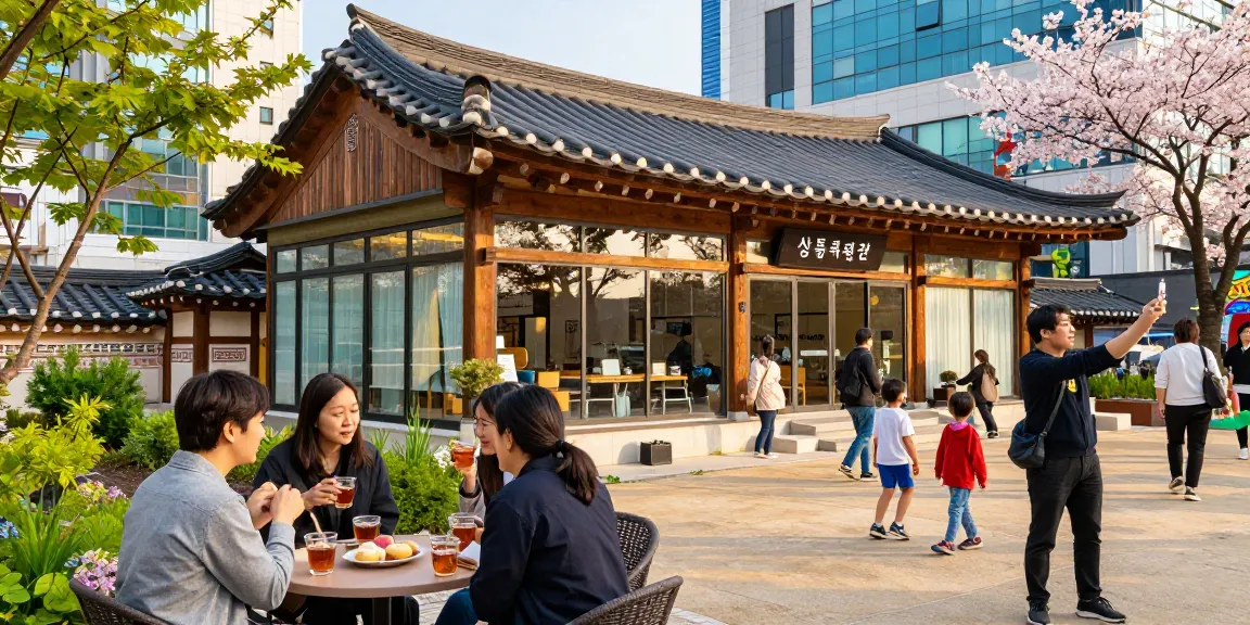 Experience the vibrant atmosphere of 상봉동 한국관 with locals and beautiful architecture.