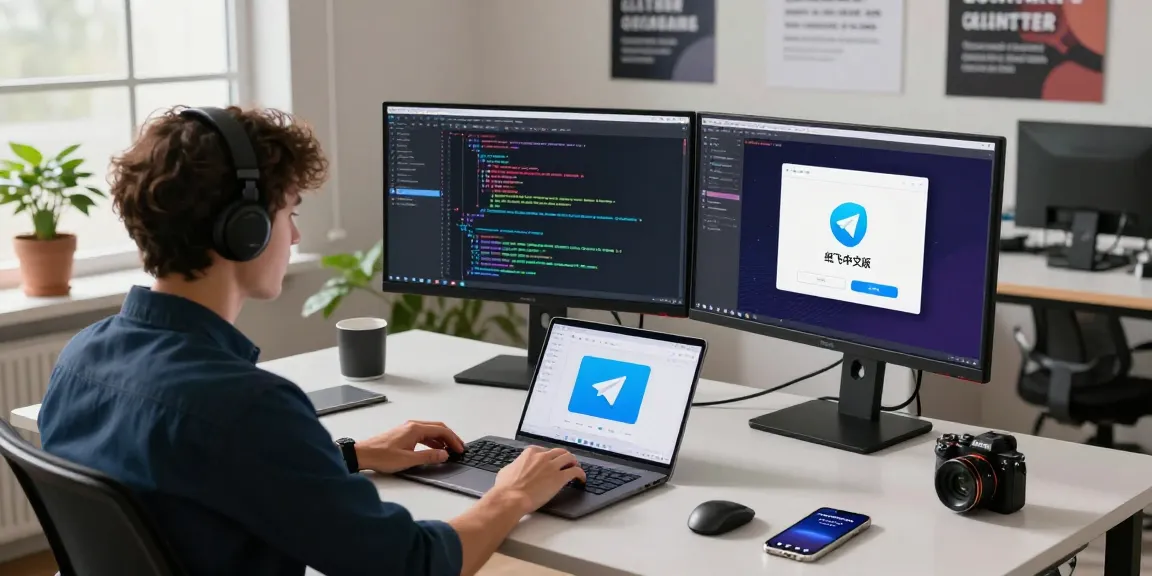 Developer coding with 纸飞机中文版 on dual monitors in a modern office, showcasing a productive tech workspace.