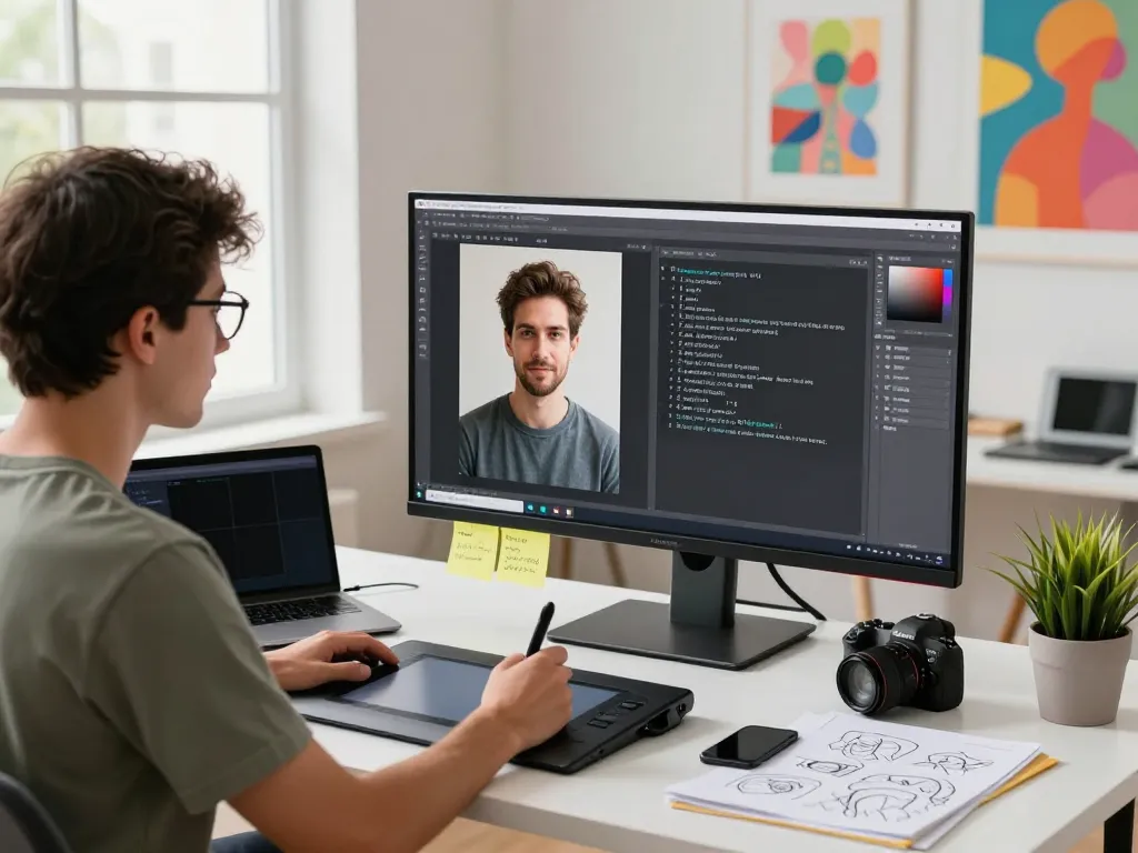 Creative workspace featuring an AI image to prompt generator, designer using technology to create detailed art prompts.