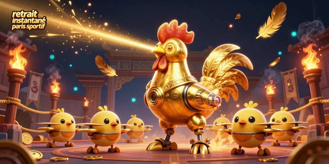 Retrait instantané paris sportif illustré par un robot poulet futuriste entouré de jetons d'or et d'effets de feu.