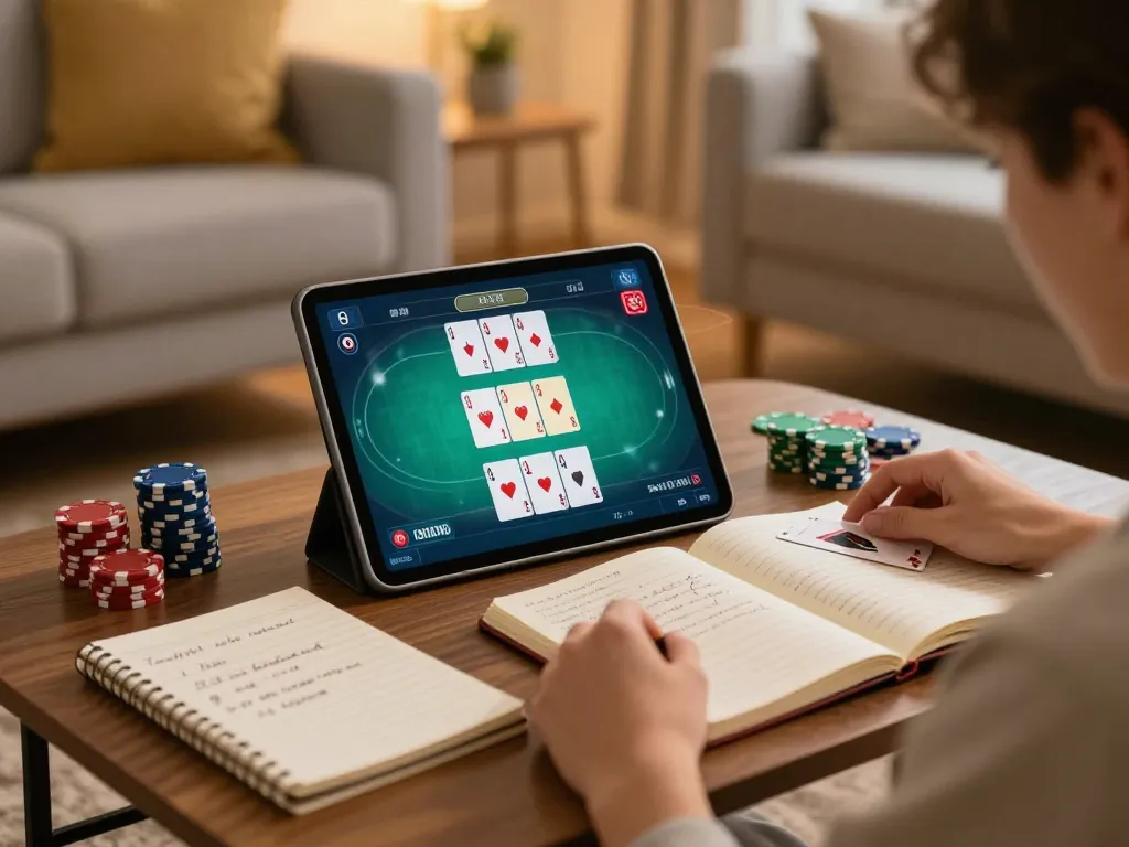 nk88 user enjoying live poker action on tablet at home with strategic notes