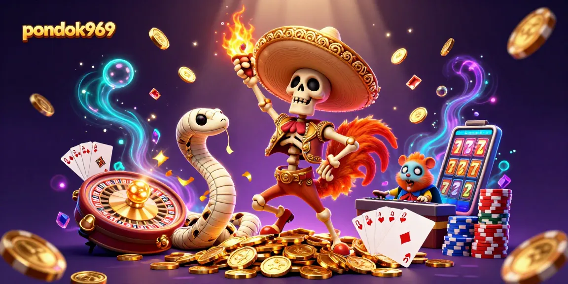 Pondok969 showcases a vibrant casino scene with animated characters celebrating winnings through dynamic games.