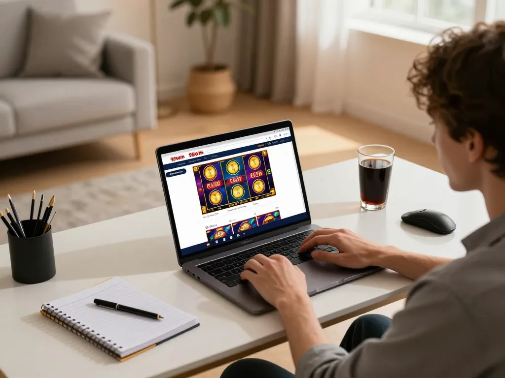Engaging in online gaming at 98win with a stylish laptop interface showcasing exciting games