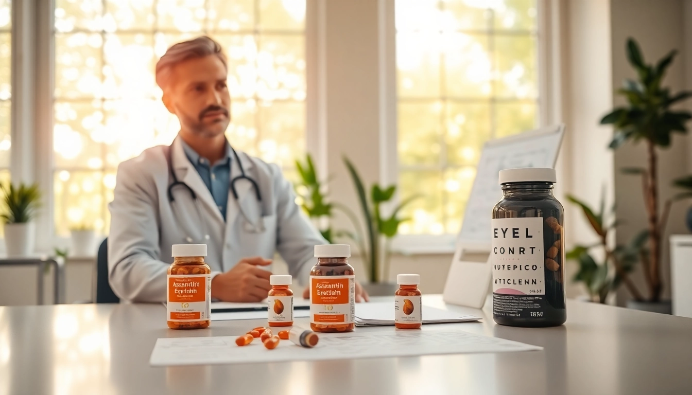 Evaluating astaxanthin for eye health with a nutritionist in a bright clinic.