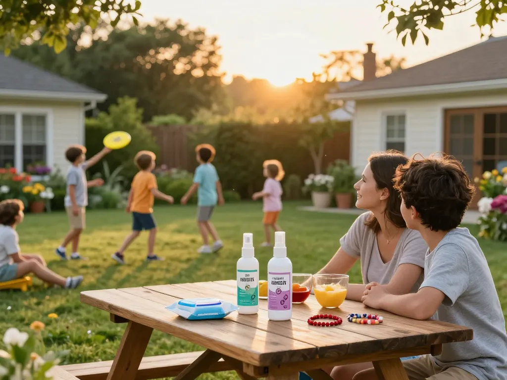 A family enjoying their backyard barbecue while using the Best Mosquito Repellent products, creating a comfortable summer gathering atmosphere.
