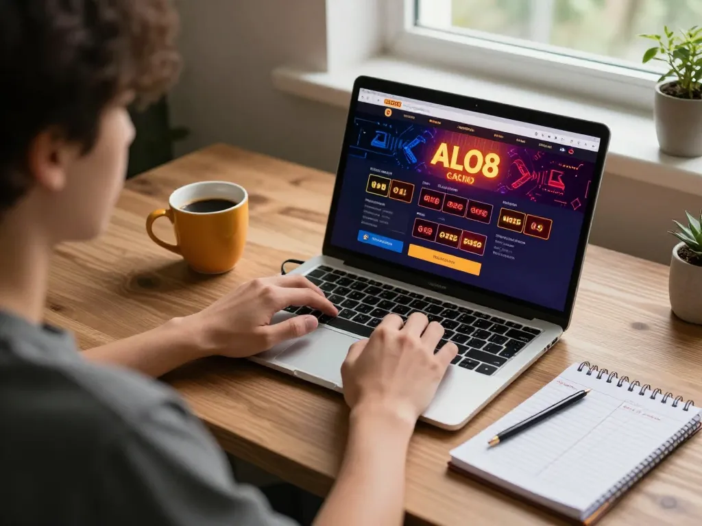 Engaging online gaming atmosphere with ALO8 casino interface displayed on a laptop, showcasing strategic betting.