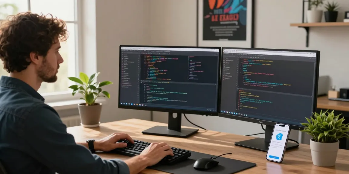 Developer coding Telegram software in a modern workspace with dual monitors, showcasing 纸飞机中文版 features.