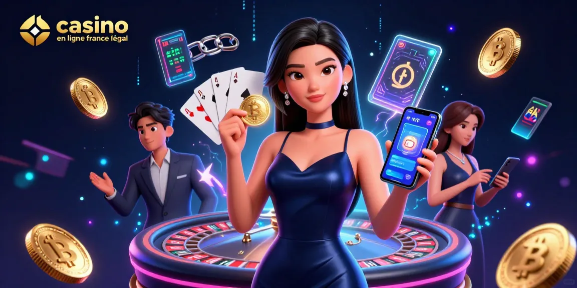 Participez au casino en ligne France légal avec des visuels époustouflants d'un joueur confiant tenant une jeton doré et un smartphone.