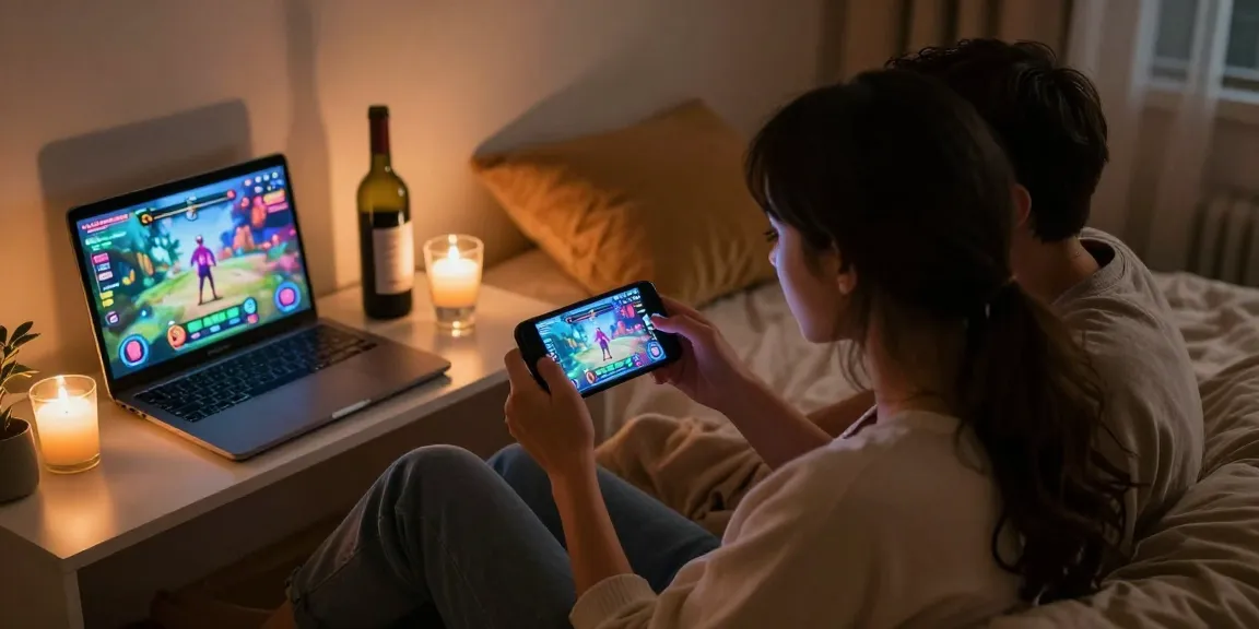 Couple enjoying a sex game on smartphones in a cozy bedroom