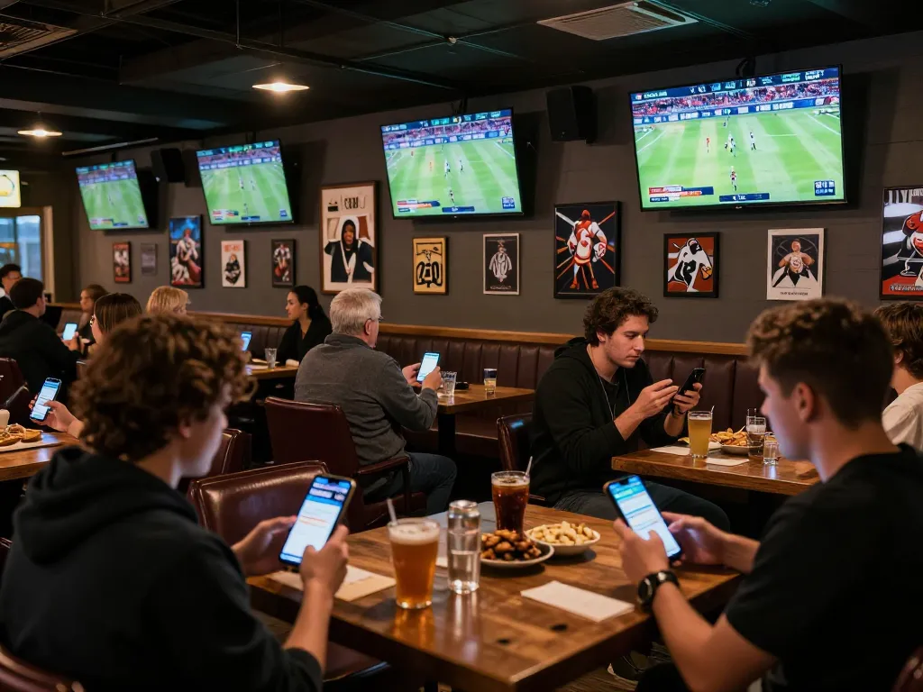 Patrons engaging in sports betting using the 789betgo app at a lively sports bar.