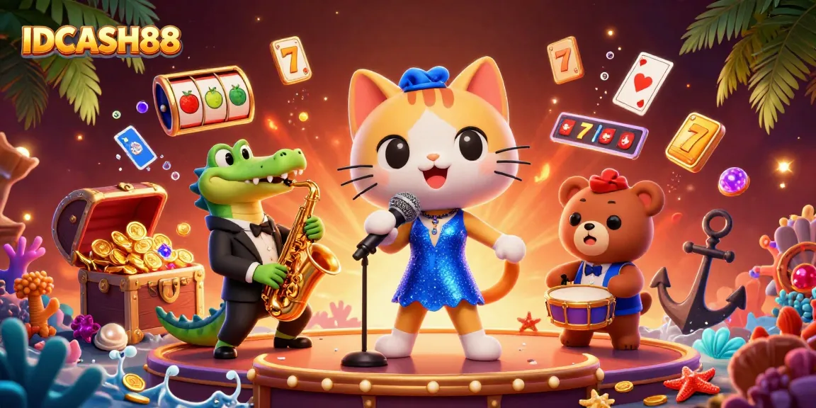 Experience the excitement at IDCASH88 with a vibrant 3D illustration showcasing a cat singer and colorful casino elements.