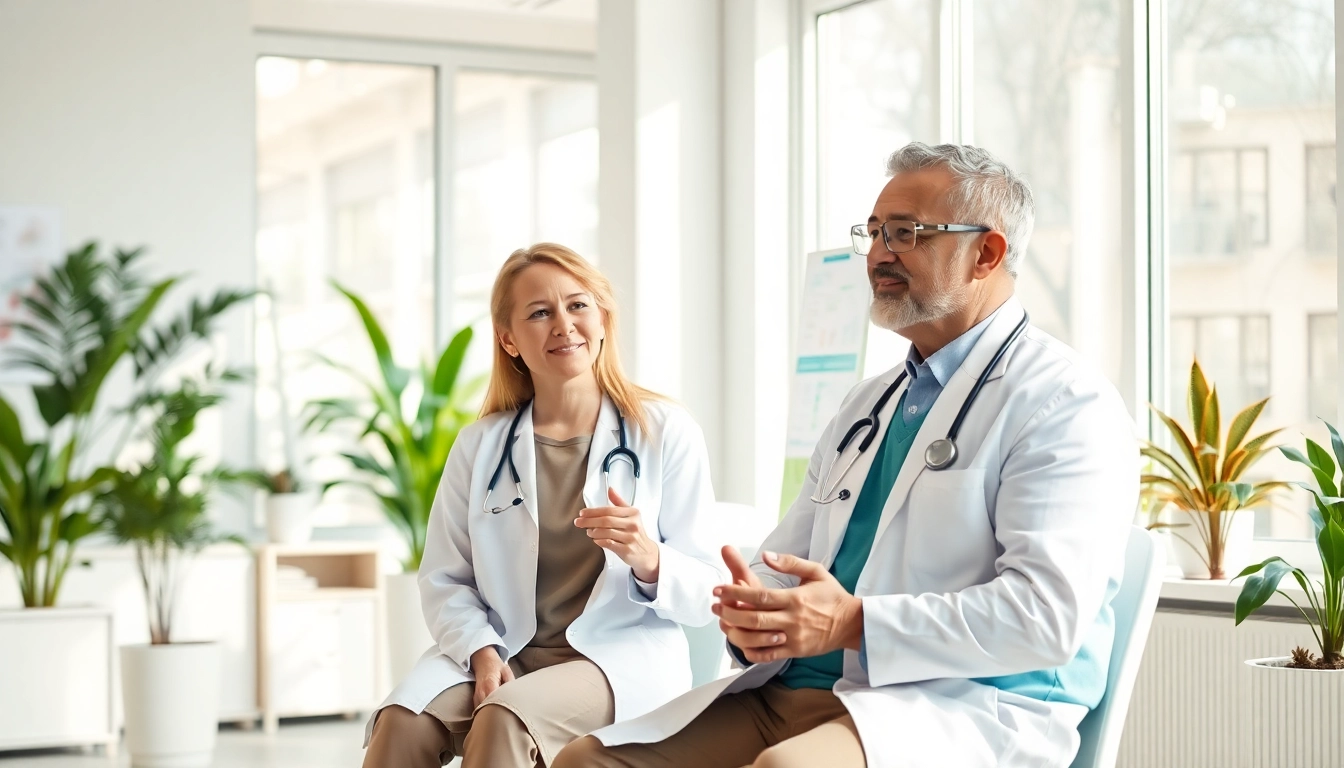 Health consultation scene with doctor and patient in a bright office, showcasing engagement.