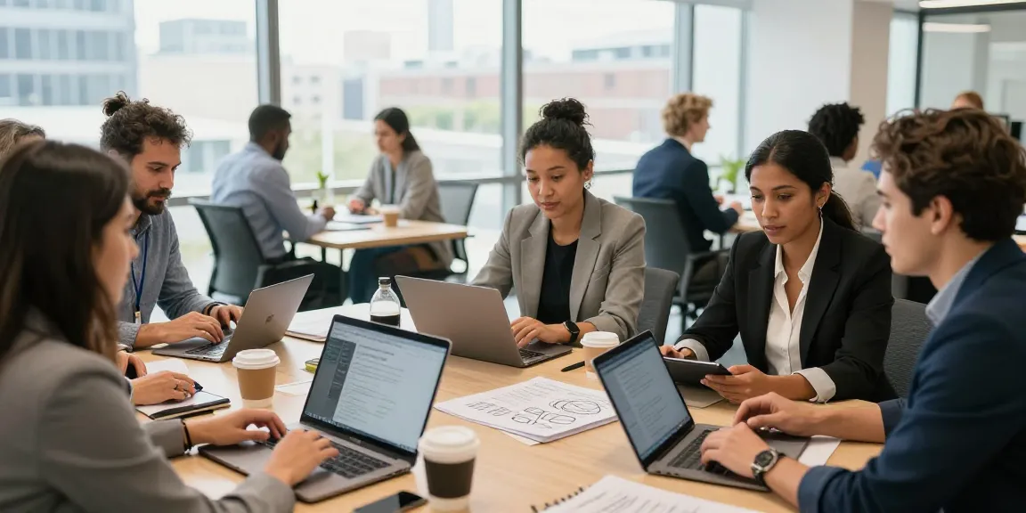 Group of professionals promoting their services startups while networking in a bright co-working space.