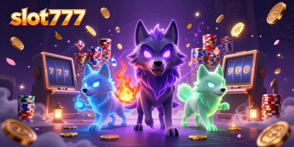 Win big with slot777 amidst cascading coins and ghostly wolves in an enchanted casino scene.