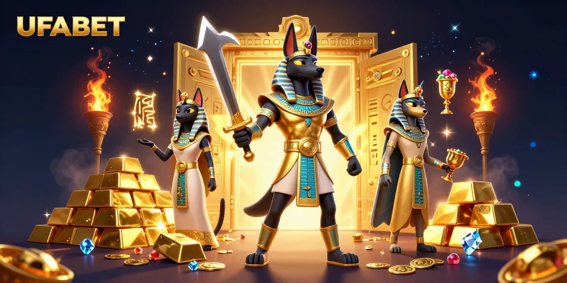 Win big with UFABET's thrilling 3D casino battle featuring Anubis and Bastet surrounded by treasures.
