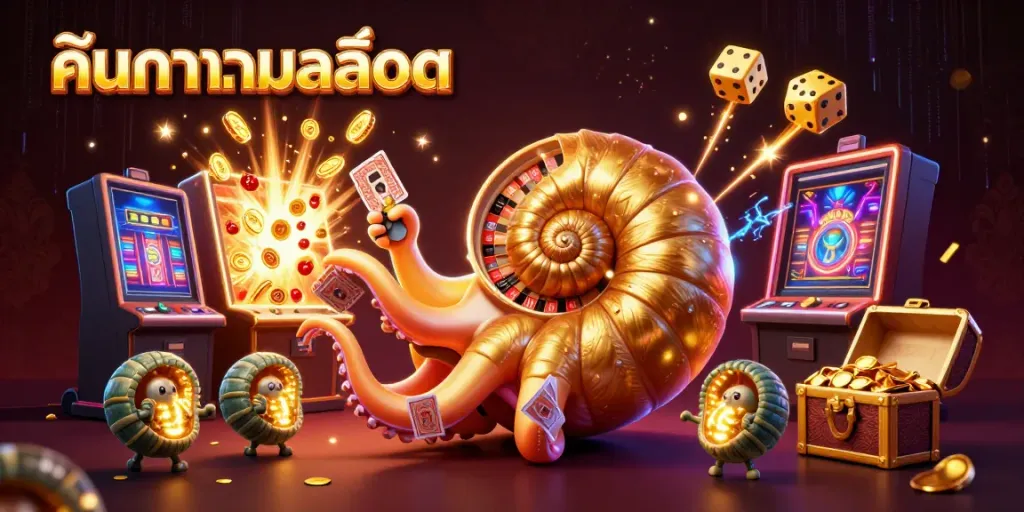 Engaging scene of ค้นหาเกมสล็อต featuring a giant nautilus roulette, vibrant slot symbols, and a treasure chest overflowing.