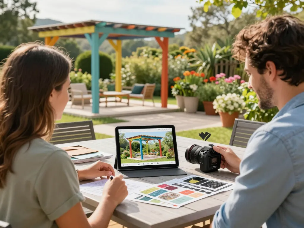 Interactive 3D Pergola Configurator showcasing colorful designs in a sunny garden.
