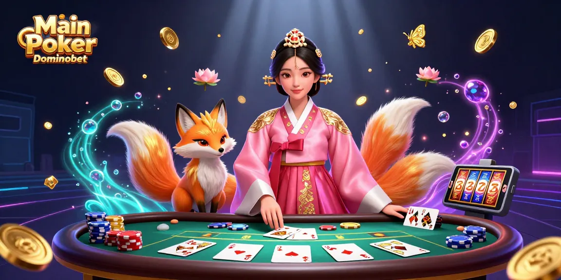 Main Poker Dominobet features an Asian woman in traditional attire with a lucky fox in a vibrant poker scene.
