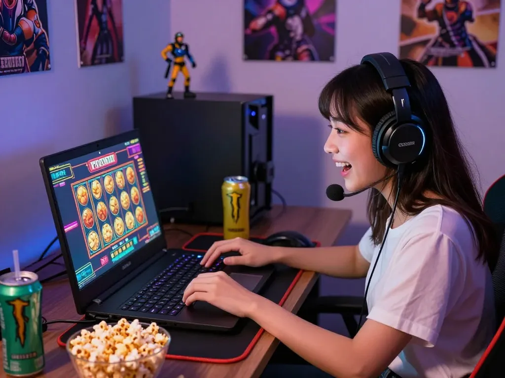Excited gamer playing slot via qris on laptop with colorful game graphics.